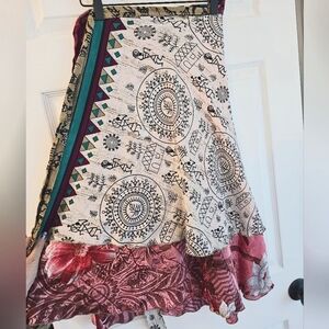 Silk Sari Wrap Skirt, Tribal pattern w/bling, pink flowers, Regular TEA size